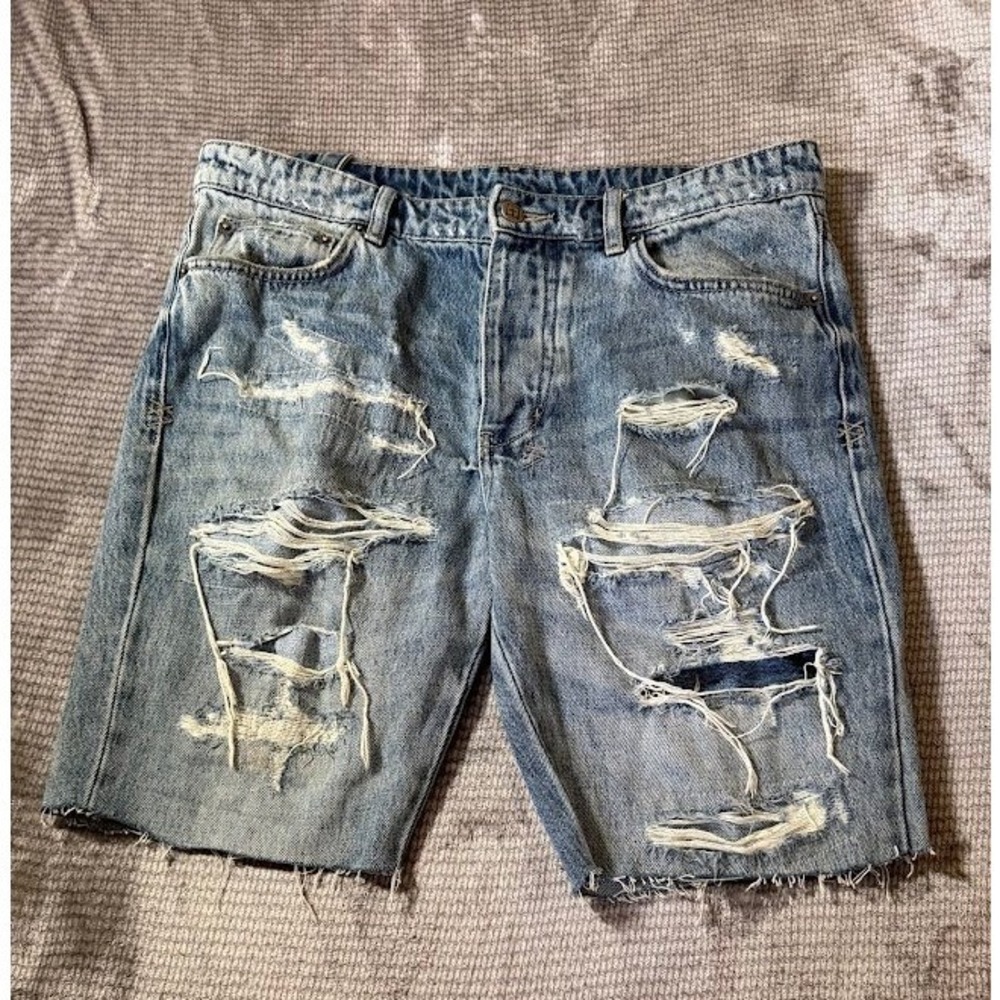 Ksubi Mens Distressed Denim Shorts Light Wash Blue 33X9 Raw Hem Streetwear
